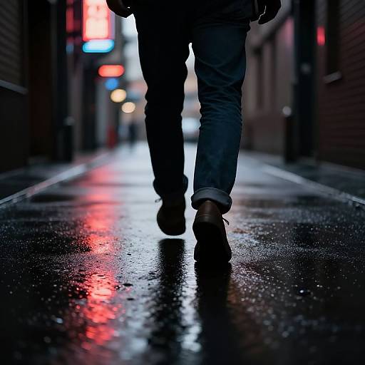 Photograph of a person's lower body walking down a wet, neon-lit urban alley at night, with reflections on the wet pavement.