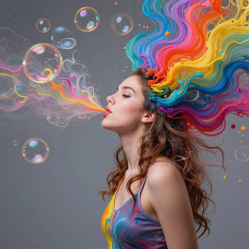 Photograph of a fair-skinned woman with wavy brown hair, blowing colorful, rainbow-hued bubbles against a gray background. Vibrant, swirling