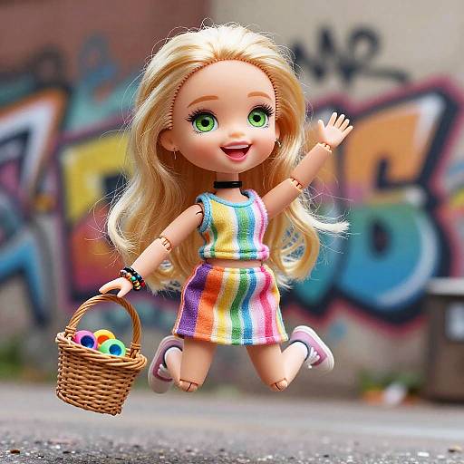 Photorealistic CGI doll with long blonde hair, green eyes, rainbow dress, holding basket with colorful eggs, jumping in graffiti-styled alley.