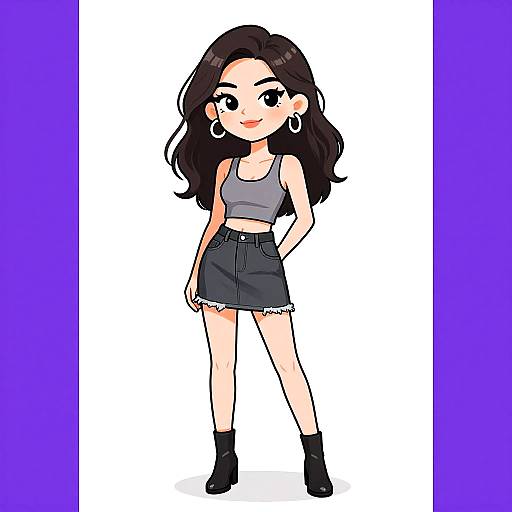 Digital anime-style illustration of a young woman with long black hair, wearing a gray crop top, black skirt, and black ankle boots, standing confidently with