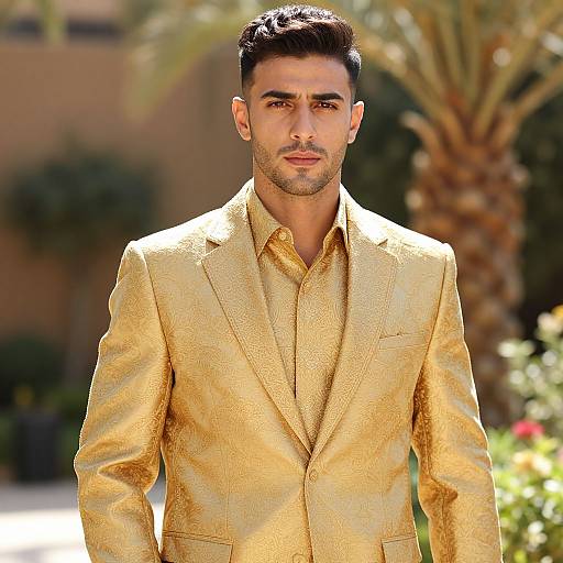 Photograph of a handsome, dark-haired man with trimmed beard, wearing a gold textured suit, standing outdoors with palm trees and blurred greenery in the