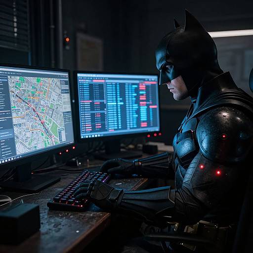 Photograph of Batman in dark armor, sitting at a dimly lit control desk with multiple glowing computer screens displaying maps and data.