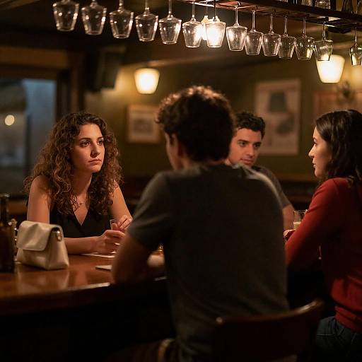 Friends gathering at dimly lit bar