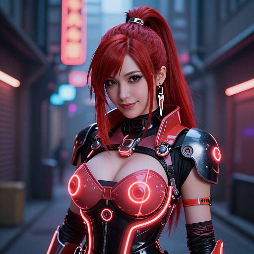Cyberpunk-style photograph of a red-haired woman with a high ponytail, glowing neon armor, and exposed cleavage, standing in a neon-l