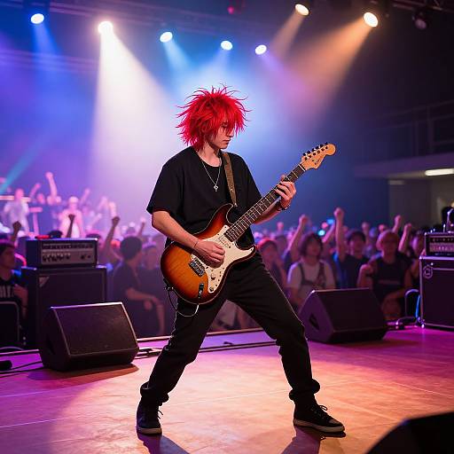 Photograph of a red-haired male guitarist in black clothes, performing on stage with a crowded audience under colorful stage lights.