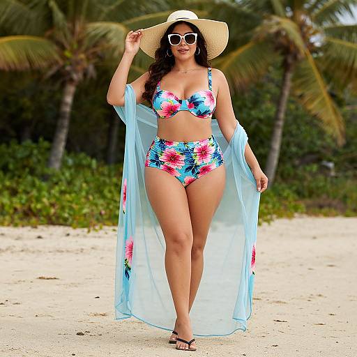 Photograph of a curvy woman with tan skin, wearing a floral bikini, wide-brimmed hat, white sunglasses, and light blue sheer robe