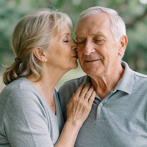 Photograph of an elderly couple kissing on the cheek; woman with short gray hair, gray top, man with white hair, gray polo. Background is