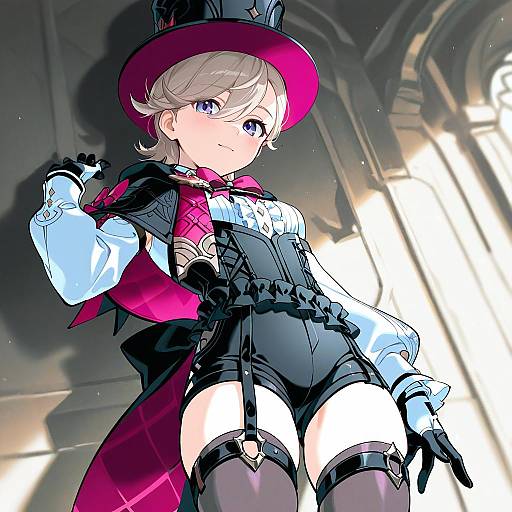 Digital anime-style drawing of a blonde girl with blue eyes, wearing a red hat, black corset, and thigh-high stockings, standing confidently in a