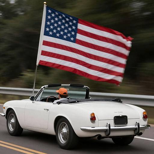 White Vintage Convertible Speeding with Flag