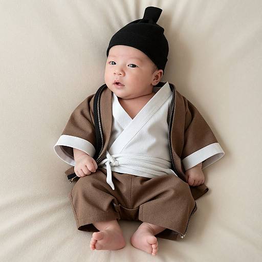 Photograph of a realistic baby doll wearing a brown kimono with white trim, black headband, and white belt, sitting on a white fabric background