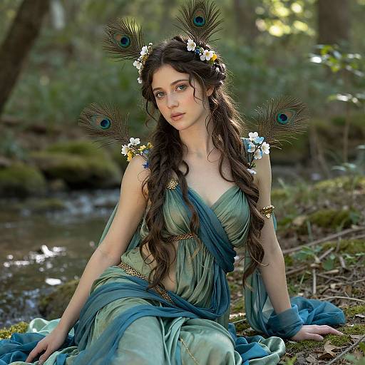 Photograph of a fair-skinned woman with long, wavy brown hair adorned with peacock feathers and white flowers, wearing a green, flowing dress