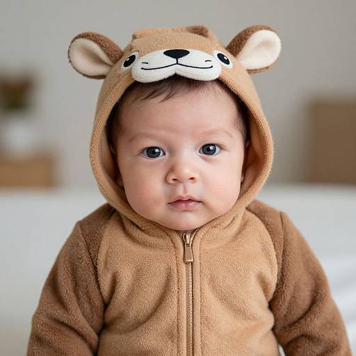 Photograph of a cute baby with light skin and blue eyes, wearing a brown bear hooded onesie with a smiling face. Blurred indoor background
