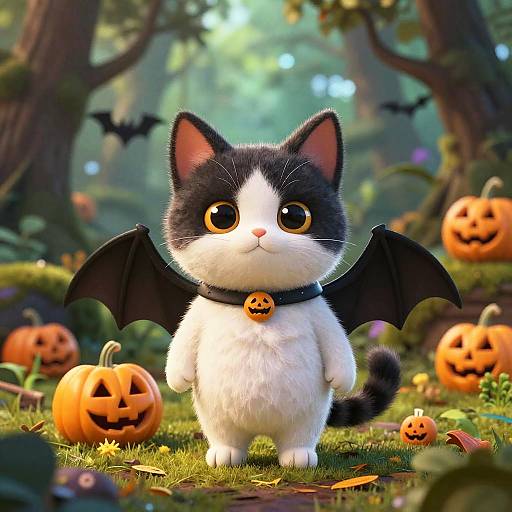 Realistic Cute Bat-Cat in Lush Spooky Forest