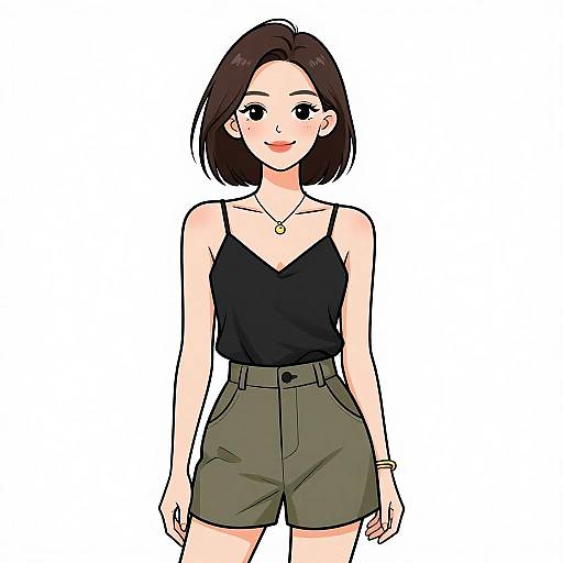 Digital anime-style drawing of a cute young woman with short black hair, wearing a black spaghetti top and olive green high-waisted shorts. She has