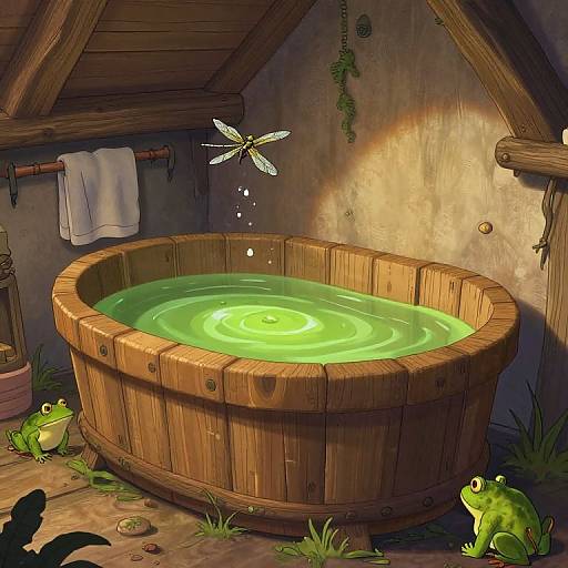 Digital illustration of a wooden bathtub filled with glowing green water, surrounded by green frogs and a dragonfly, in a rustic, dimly-lit attic