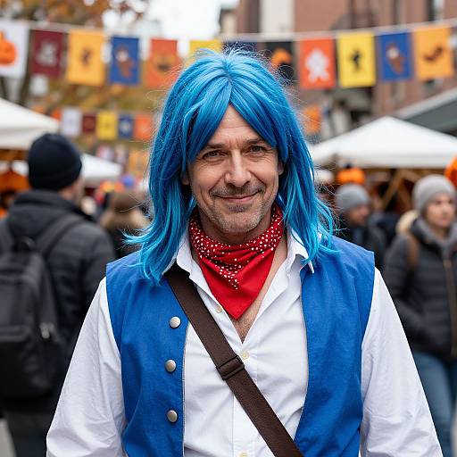 Photograph of a smiling middle-aged man with bright blue hair, wearing a red bandana, blue vest, white shirt, and brown strap, amidst