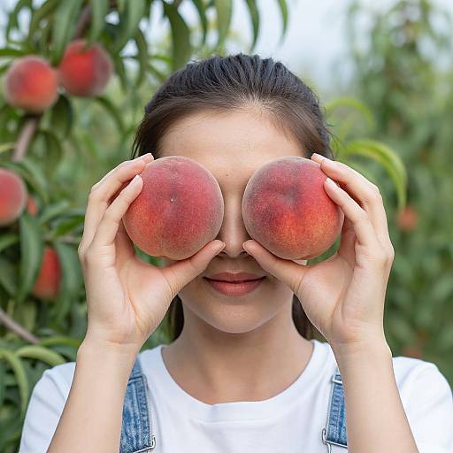 Photograph of a young woman with light skin and brown hair, holding two red peaches in front of her eyes, smiling, wearing a white shirt