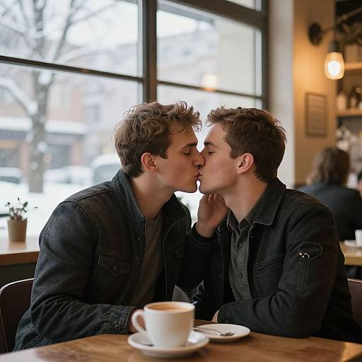 Photograph of two young men with short brown hair, kissing softly in a cozy cafe, both wearing dark denim jackets, with a cup of coffee on