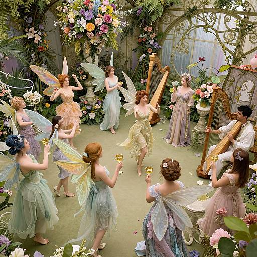 Fantastical fairy ballet: six fairies with delicate wings in pastel dresses, dancing around a harpist in a lush, flower-filled greenhouse