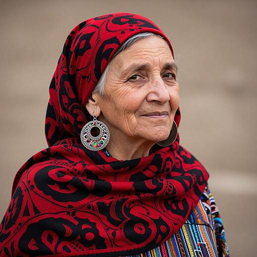 Photograph of an elderly woman with wrinkled skin, wearing a red and black patterned headscarf, large ornate earrings, and colorful striped