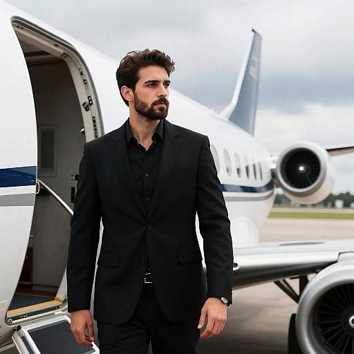 Man in Black Suit Standing by Private Jet