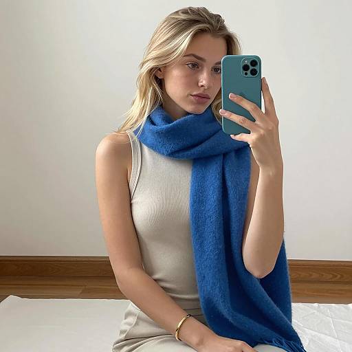 Young Woman Taking Mirror Selfie with Blue Scarf