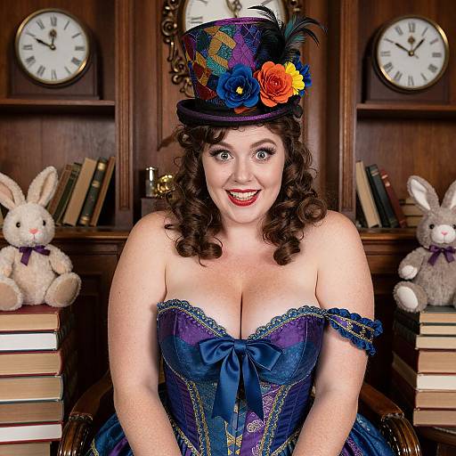 Vintage-style photograph of a smiling, curly-haired woman in a blue lace corset and colorful top hat, seated before wooden bookshelves with clocks and