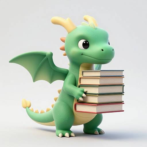 Cute, green 3D CGI dragon with yellow horns and wings, holding a stack of books, standing on white background.
