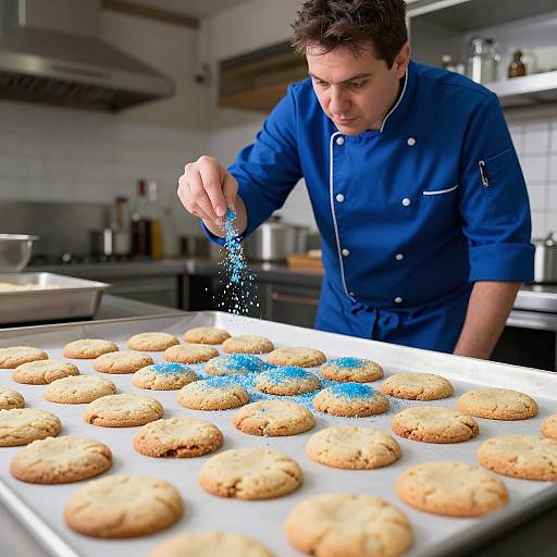 Photograph: Male chef in blue uniform sprinkling blue sugar on golden-brown cookies on a baking tray in a modern kitchen.