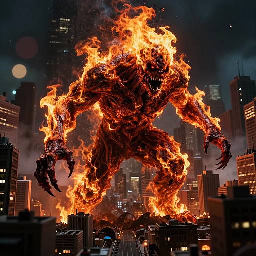 Photorealistic CGI of a towering, flaming monster with sharp claws and glowing eyes destroying a cityscape at night.