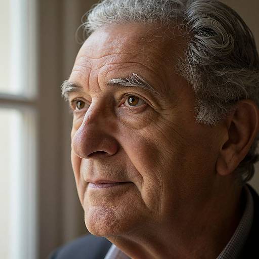 Close-up photograph of an elderly man with gray hair, wrinkled skin, and a gentle smile, lit by soft natural light.