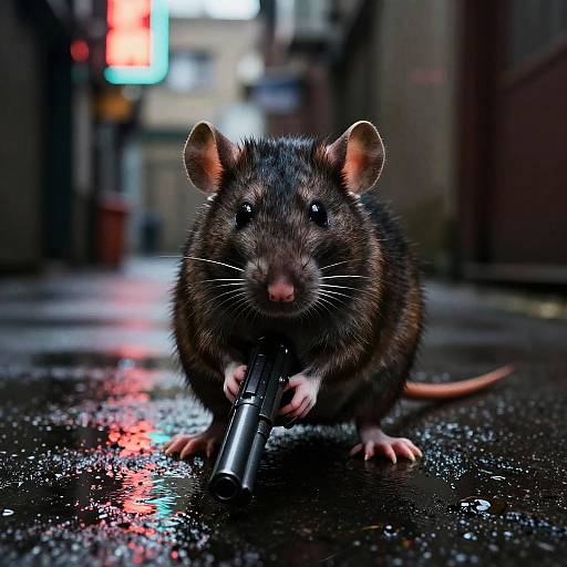 Photograph of a realistic CGI brown rat holding a black handgun on a wet, reflective alleyway with neon lights in the background.