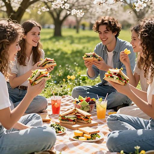 Photograph of four young adults, two men and two women, laughing and eating sandwiches in a sunny, grassy park with blooming trees. Bright