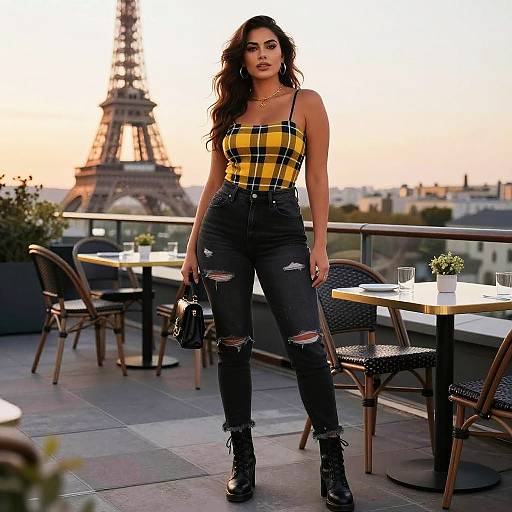 Curvy Woman in Streetwear on Paris Rooftop