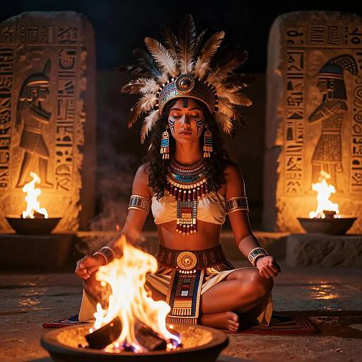 Aztec Warrior Girl Meditating by Fire