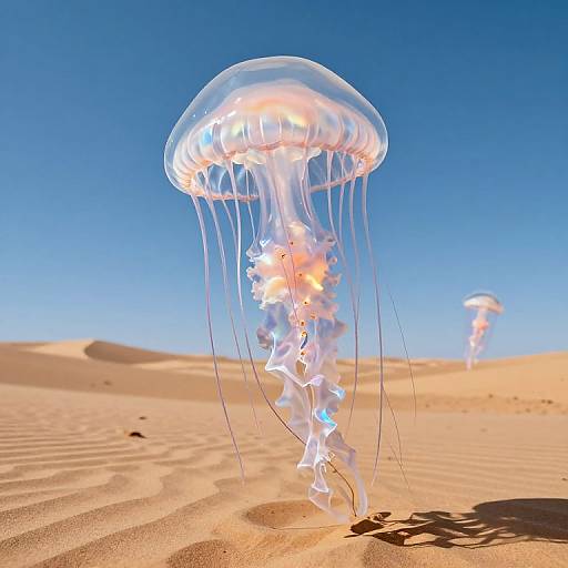 Photograph of two glowing jellyfish with translucent, umbrella-like tops and long, trailing tentacles floating over golden sand dunes under a clear, bright