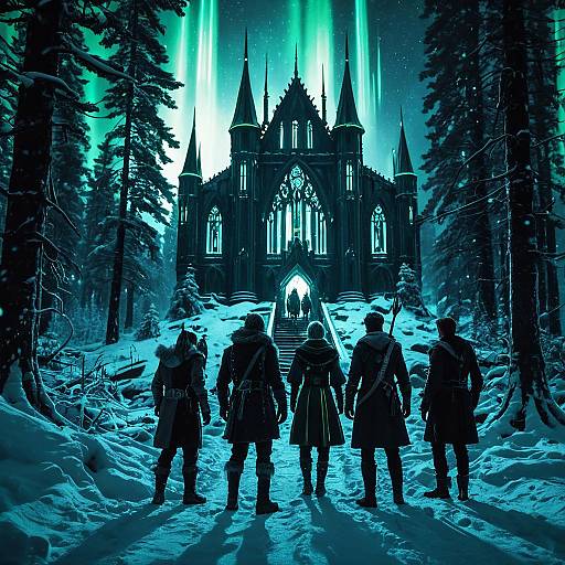 Elven Group Approaching Gothic Castle in Snowy Forest