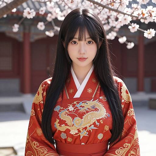 Photograph of an Asian woman with long black hair, wearing a red kimono with gold dragon embroidery, standing in front of cherry blossom trees in a