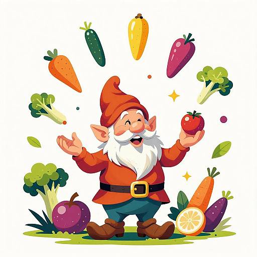 Colorful Garden Gnome Juggling Vegetables