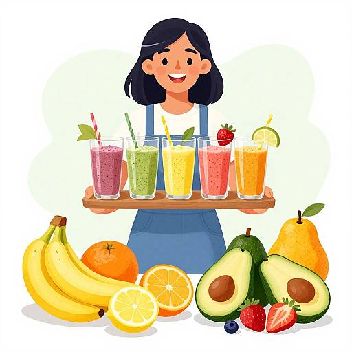 Cartoon woman with blue dress, black hair, smiling, holds tray with colorful smoothies, surrounded by bananas, oranges, avocado, pear, strawberries