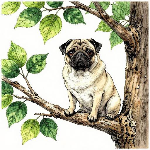 Digital illustration of a pug sitting on a tree branch, surrounded by green leaves, with a white background. The pug has a beige coat and