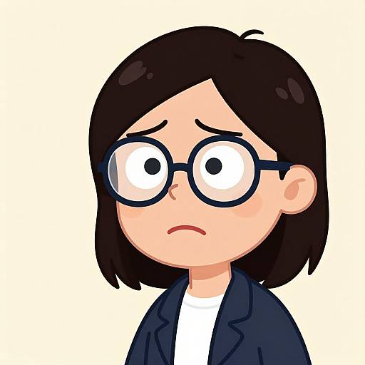 Cartoon-style digital drawing of a nervous young woman with black hair, round glasses, white shirt, and dark blue jacket, looking worried.