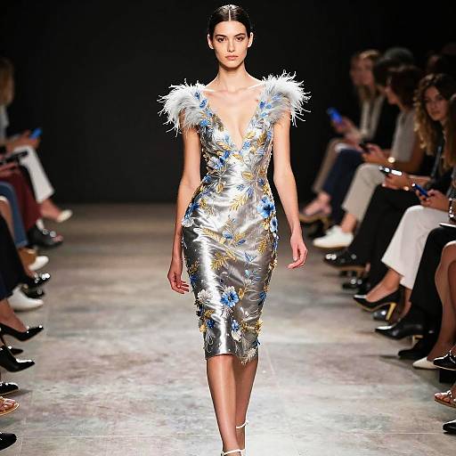 Photograph of a model with dark hair in a silver, floral-embellished, deep V-neck dress with white feather shoulders, walking a runway