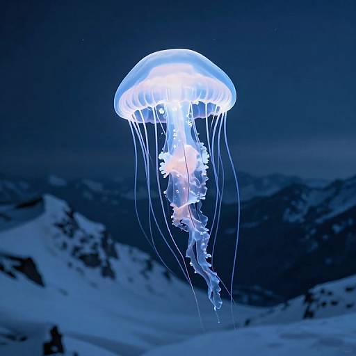 Photograph of a glowing blue jellyfish with translucent tentacles floating in a dark, snowy mountainous night sky.