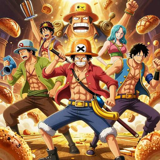 Digital anime artwork of One Piece characters: Luffy, Sanji, Usopp, Nami, and Tony Tony Chopper, battling amid exploding bread