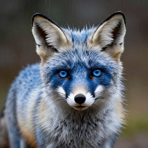 Photograph of a striking grey fox with vivid blue eyes, intense gaze, and detailed fur texture, standing in a blurred, rainy forest background.