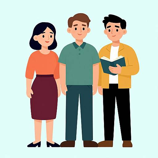 Digital illustration of three adults standing together: woman in orange top and maroon skirt, man in green polo, and man in yellow jacket holding a folder