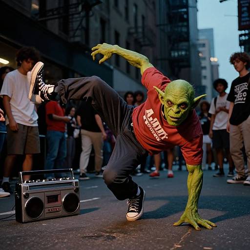 Photograph of a green-skinned, muscular orc dancer in a red shirt and black pants, mid-dance on an urban street at dusk, with