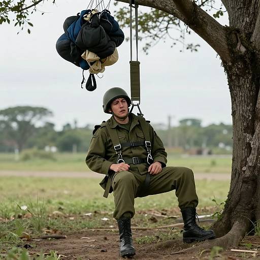 Photograph of a soldier in green uniform and helmet, sitting under a tree with suspended backpack and gear, in a grassy field.