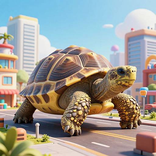 Digital cartoon of a large, detailed turtle with yellow and brown shell, textured skin, and claws, walking on a sunny city street with colorful buildings in
